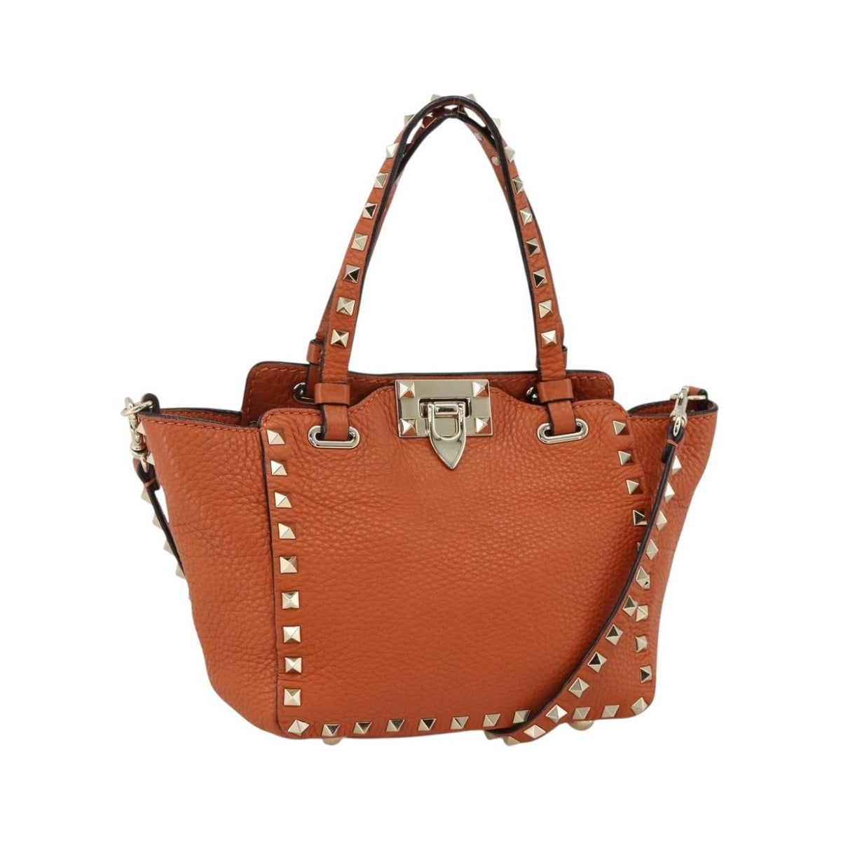 Valentino Garavani Rockstud Pebbled Leather, Orange, Leather, Tote Bag