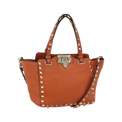 Valentino Garavani Rockstud Pebbled Leather, Orange, Leather, Tote Bag