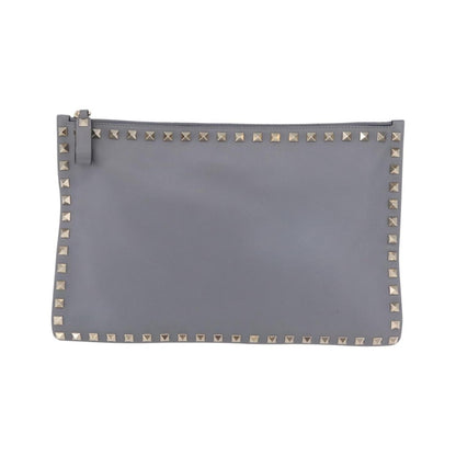 Valentino Garavani Rockstud Pouch Leather, Gray, Leather, Clutch