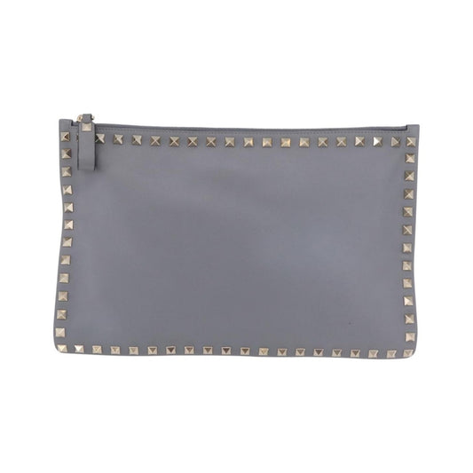 Valentino Garavani Rockstud Pouch Leather, Gray, Leather, Clutch