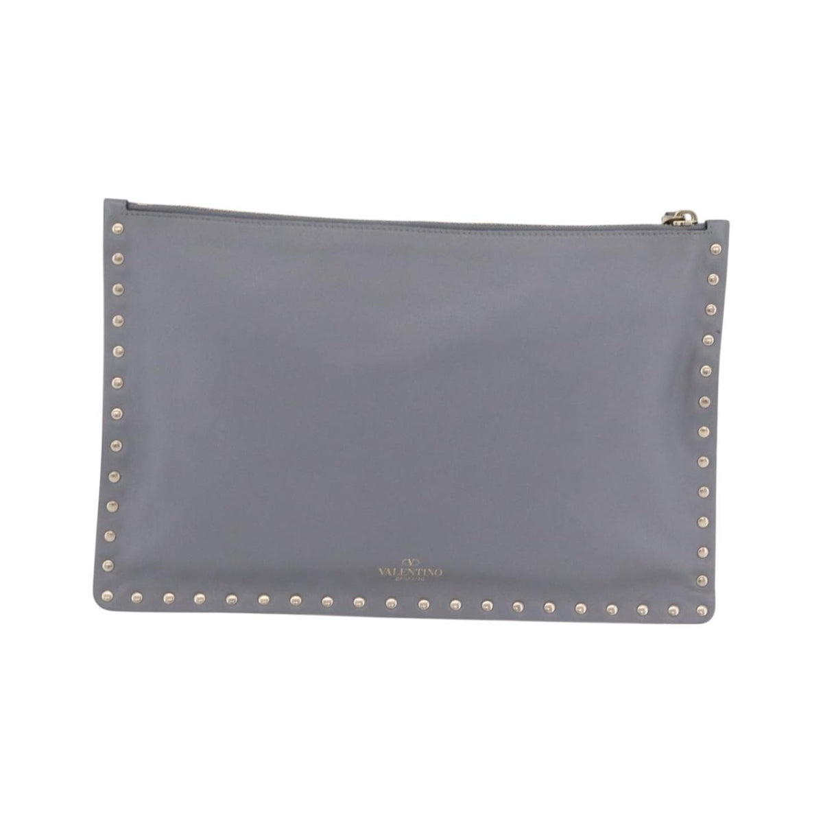 Valentino Garavani Rockstud Pouch Leather, Gray, Leather, Clutch