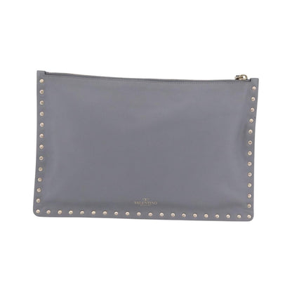 Valentino Garavani Rockstud Pouch Leather, Gray, Leather, Clutch