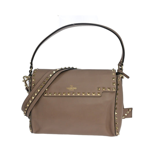 Valentino Garavani Rockstud Top Handle Leather, Beige, Leather, Handbag