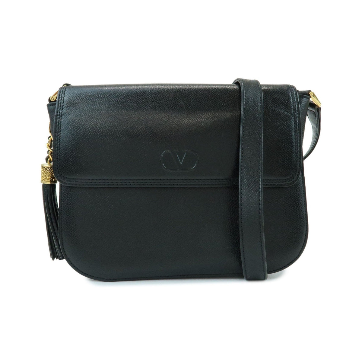 Valentino Garavani VLogo Flap Leather, Black, Leather, Shoulder Bag