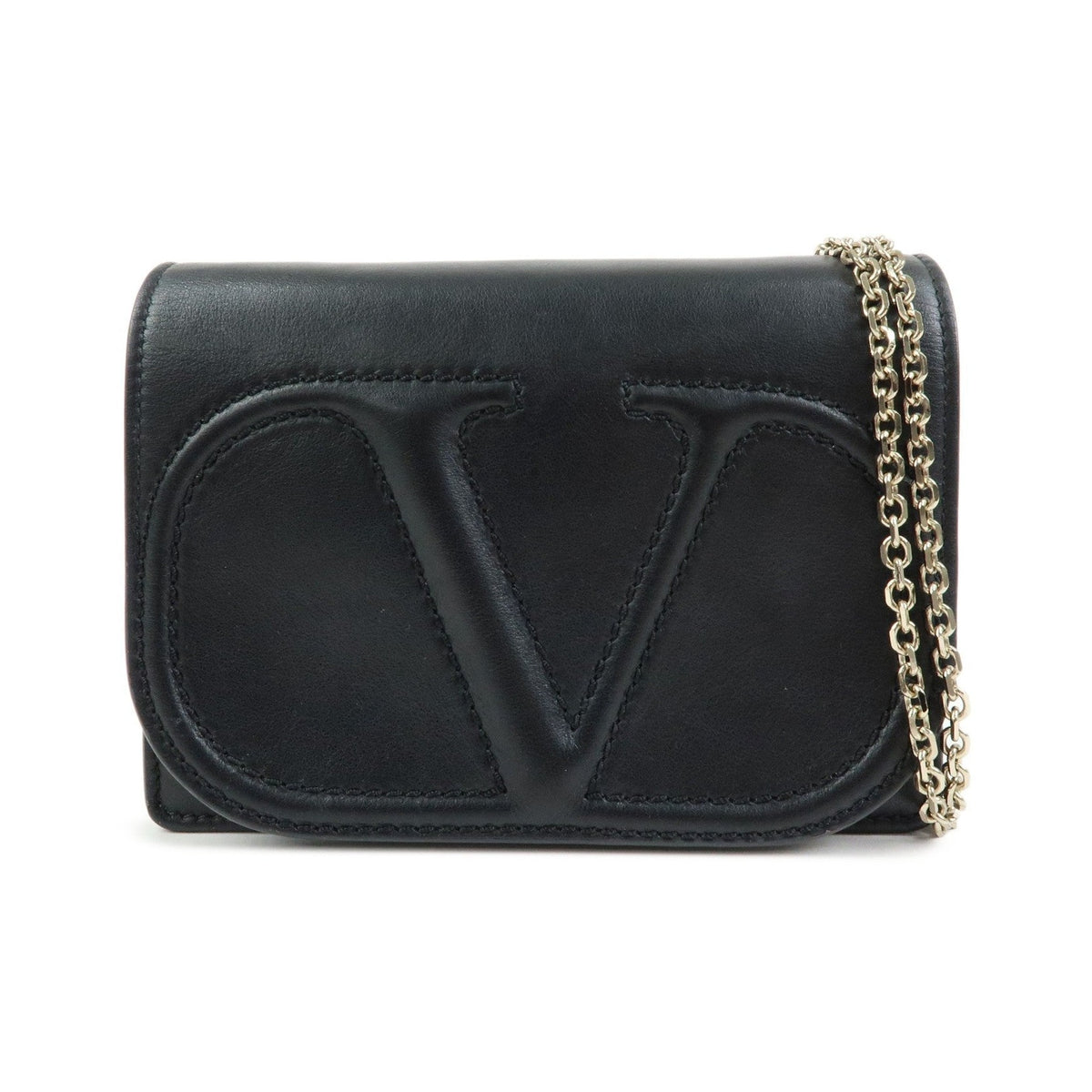 Valentino Garavani VLogo Full Flap Chain Leather, Black, Leather, Shoulder Bag