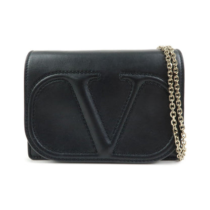 Valentino Garavani VLogo Full Flap Chain Leather, Black, Leather, Shoulder Bag