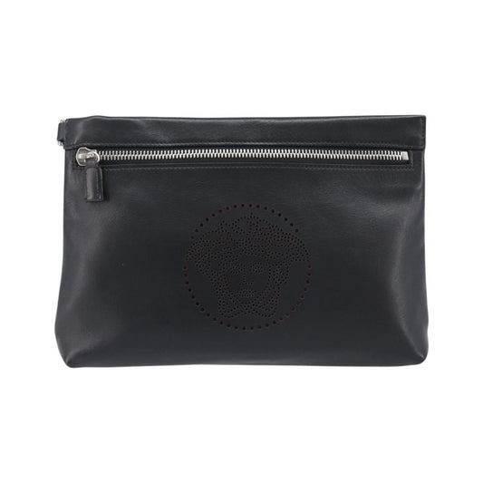 Versace Logo Medusa Wristlet Leather, Black, Leather, Clutch