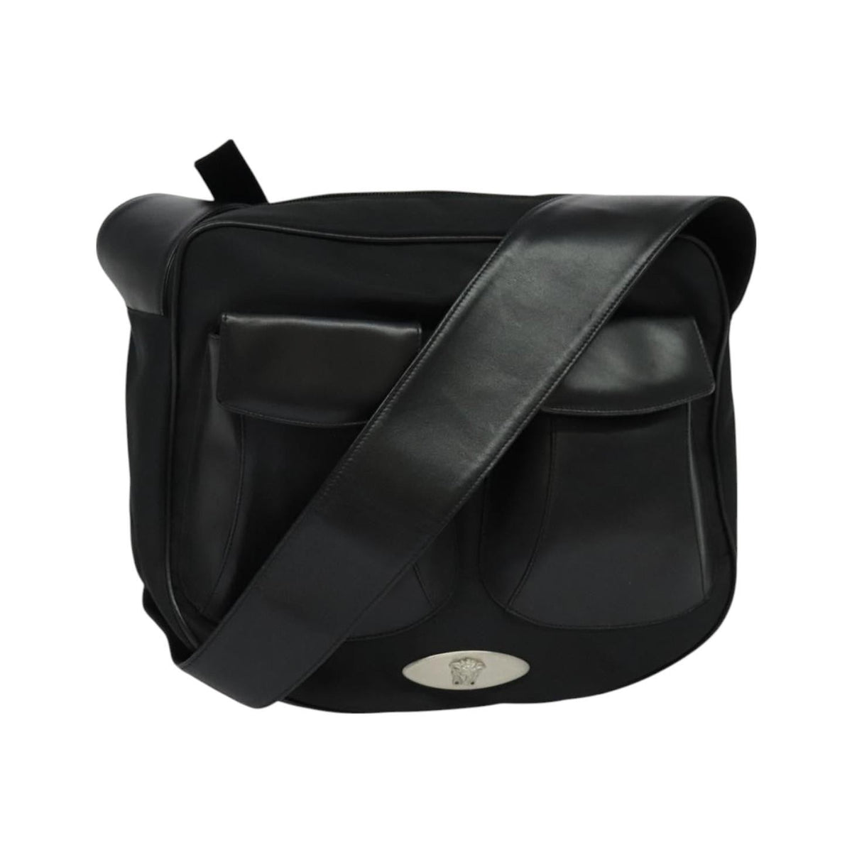 Versace Medusa Front Pocket Zip Messenger Leather, Black, Leather, Crossbody Bag