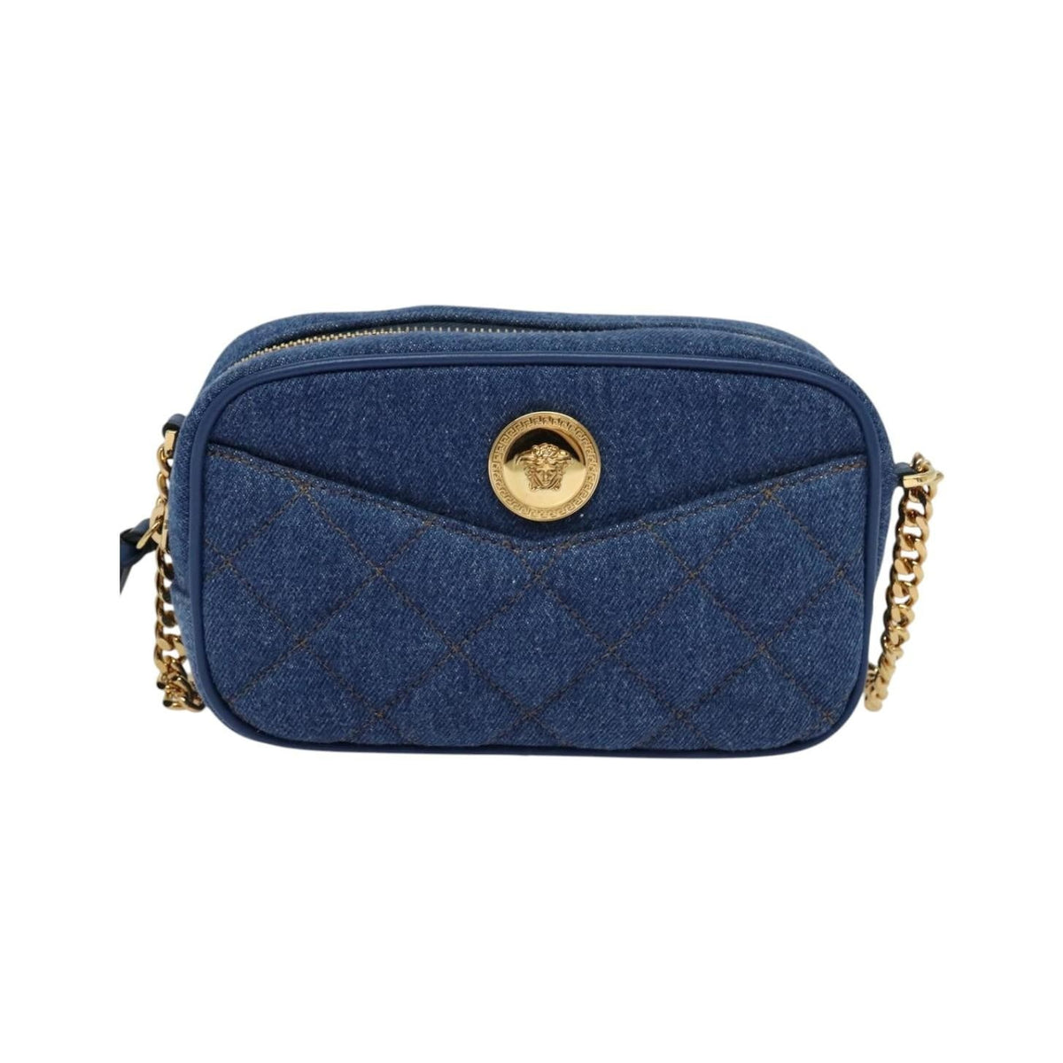Versace Medusa Icon Front Slip Pocket Camera Quilted Denim, Blue, Canvas, Shoulder Bag