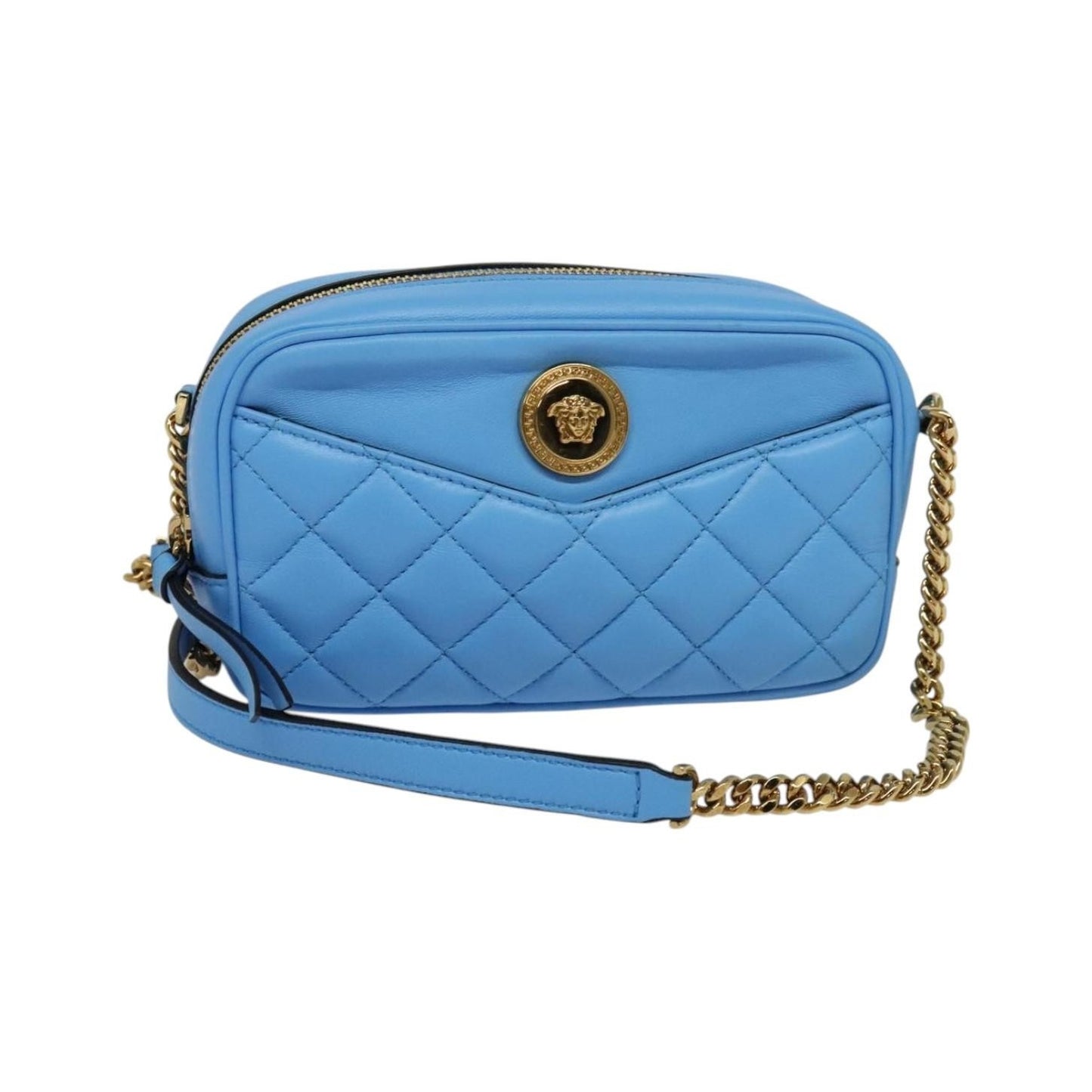 Versace Medusa Icon Front Slip Pocket Camera Quilted Leather, Blue, Leather, Shoulder Bag