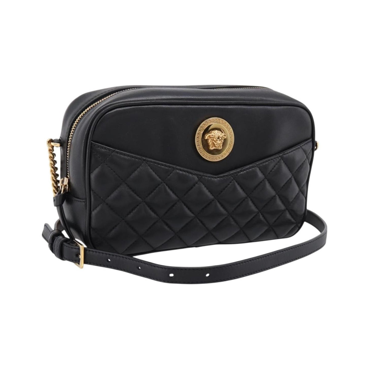 Versace Medusa Icon Front Slip Pocket Camera Quilted Leather, Black, Leather, Handbag