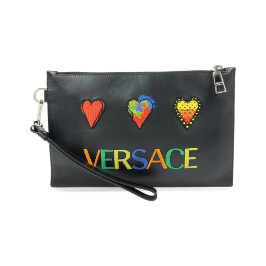 Versace Wristlet Printed Leather, Black, Leather, Clutch